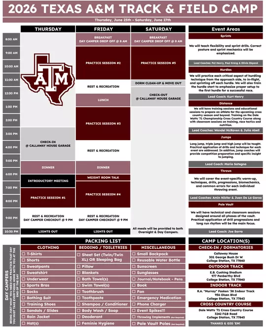 2026 Track Camp Schedule