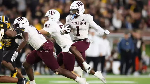 COLUMBIA, MO - November 08, 2025 - Wide receiver Mario Craver #1 of the Texas A&M Aggies during the game between the Missouri Tigers and the Texas A&M Aggies at Faurot Field in Columbia, MO. Photo By Texas A&M Athletics