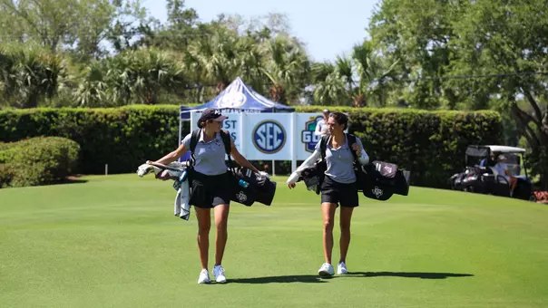BELLEAIR, FLORIDA - April 16, 2026 - Cayetana Fernández García-Poggio of the Texas A&M Aggies and Vanessa Borovilos of the Texas A&M Aggies during the SEC Championship at the Pelican Golf Club in Belleair, Florida. Photo By Zoie Joslin/Texas A&M Athletics