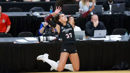 KANSAS CITY, MISSOURI - December 21, 2025 - Outside Hitter Kyndal Stowers #37 of the Texas A&M Aggies during the game between the Kentucky Wildcats and the Texas A&M Aggies at T-Mobile Center in Kansas City, Missouri. Photo By Evan Pilat/Texas A&M Athletics