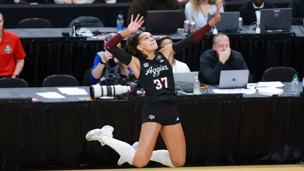 KANSAS CITY, MISSOURI - December 21, 2025 - Outside Hitter Kyndal Stowers #37 of the Texas A&M Aggies during the game between the Kentucky Wildcats and the Texas A&M Aggies at T-Mobile Center in Kansas City, Missouri. Photo By Evan Pilat/Texas A&M Athletics