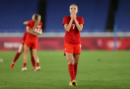 Julia Grosso - Tokyo Olympics - reaction to game-winning PK in gold medal match