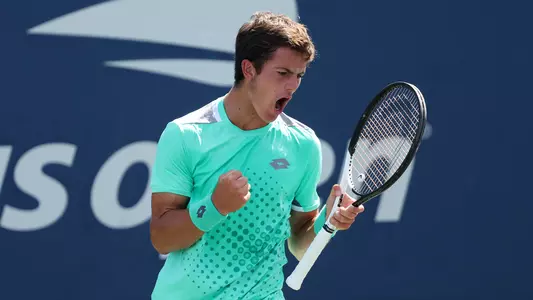 NEW YORK, NEW YORK - SEPTEMBER 10: Gilles Arnaud Bailly of Belgium celebrates a point against Martin Landaluce of Spain during their Junior Boy's Singles Final match on Day Thirteen of the 2022 US Open at USTA Billie Jean King National Tennis Center on September 10, 2022 in the Flushing neighborhood of the Queens borough of New York City. (Photo by Matthew Stockman/Getty Images)
