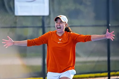 Oklahoma State and Texas women compete during the Big 12 Tennis Championships at Rock Chalk Park in Lawrence, Kansas on April 22, 2023. (Scott D. Weaver/Big 12 Conference)