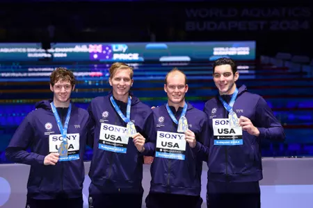 BUDAPEST, HUNGARY - DECEMBER 10: Gold medalists Chris Guiliano, Kieran Smith, Luke Hobson and Jack Alexy of the United States pose with their medals for the Men's 4 x 100m Freestyle Relay Final during day one of the World Aquatics Swimming Championships (25m) 2024 at Duna Arena on December 10, 2024 in Budapest, Hungary. (Photo by Dean Mouhtaropoulos/Getty Images)