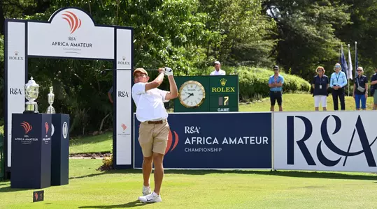 MALELANE, SOUTH AFRICA - FEBRUARY 24:  Christian Maas of South Africa tees off on the 1st hole during day four of the Africa Amateur Championship and Amateur Women's Invitational at Leopard Creek Country Club on February 24, 2024 in Malelane, South Africa. (Photo by Octavio Passos/R&A/R&A via Getty Images)