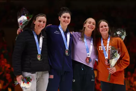 INDIANAPOLIS, INDIANA - JUNE 17: (L-R) Katie Ledecky, Claire Weinstein, Paige Madden, and Erin Gemmell of the United States on Day Three of the 2024 U.S. Olympic Team Swimming Trials at Lucas Oil Stadium on June 17, 2024 in Indianapolis, Indiana. (Photo by Sarah Stier/Getty Images)