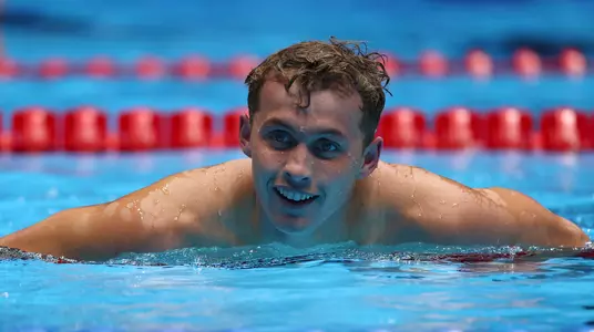 INDIANAPOLIS, INDIANA - JUNE 20: Carson Foster of the United States looks on after a preliminary heat of the Men's 200m individual medley on Day Six of the 2024 U.S. Olympic Team Swimming Trials at Lucas Oil Stadium on June 20, 2024 in Indianapolis, Indiana. (Photo by Maddie Meyer/Getty Images)