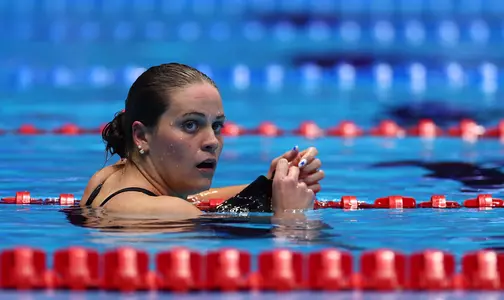 INDIANAPOLIS, INDIANA - JUNE 19: Alex Shackell of the United States looks on after the the Women's 200m butterfly semifinal on Day Five of the 2024 U.S. Olympic Team Swimming Trials at Lucas Oil Stadium on June 19, 2024 in Indianapolis, Indiana. (Photo by Sarah Stier/Getty Images)