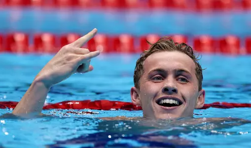 INDIANAPOLIS, INDIANA - JUNE 21: Carson Foster of the United States reacts after the Men's 200m individual medley final on Day Seven of the 2024 U.S. Olympic Team Swimming Trials at Lucas Oil Stadium on June 21, 2024 in Indianapolis, Indiana. (Photo by Al Bello/Getty Images)