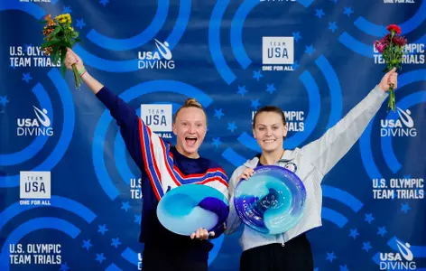 KNOXVILLE, TENNESSEE - JUNE 22: (L-R) Alison Gibson and Sarah Bacon pose with their trophies after the Women's 3M finals during the U.S. Olympic Diving Team Trials at Allan Jones Intercollegiate Aquatic Center on June 22, 2024 in Knoxville, Tennessee. (Photo by Alex Slitz/Getty Images)