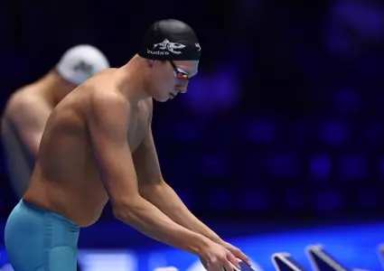 INDIANAPOLIS, INDIANA - JUNE 22: David Johnston of the United States prepares for a preliminary heat of the Men's 1500m freestyle on Day Eight of the 2024 U.S. Olympic Team Swimming Trials at Lucas Oil Stadium on June 22, 2024 in Indianapolis, Indiana. (Photo by Sarah Stier/Getty Images)