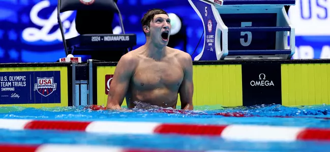 INDIANAPOLIS, INDIANA - JUNE 23: David Johnston of the United States reacts after the Men's 1500m freestyle final on Day Nine of the 2024 U.S. Olympic Team Swimming Trials at Lucas Oil Stadium on June 23, 2024 in Indianapolis, Indiana. (Photo by Sarah Stier/Getty Images)