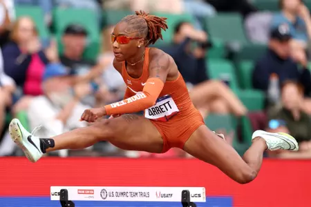 EUGENE, OREGON - JUNE 27: Akala Garrett competes in the first round of the women's 400 meter hurdles on Day Seven of the 2024 U.S. Olympic Team Track & Field Trials at Hayward Field on June 27, 2024 in Eugene, Oregon. (Photo by Christian Petersen/Getty Images)