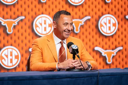 Texas Head Coach Steve Sarkisian talks to the electronic media at the 2024 Media Days.