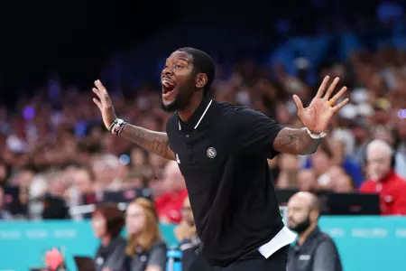 LILLE, FRANCE - JULY 28: Royal Ivey head coach of South Sudan reacts during the Men's Group Phase - Group C match between Team South Sudan and Team Puerto Rico on day two of the Olympic Games Paris 2024 at Stade Pierre Mauroy on July 28, 2024 in Lille, France. (Photo by Gregory Shamus/Getty Images)