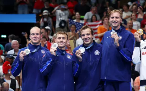 NANTERRE, FRANCE - JULY 30: Silver Medalists Luke Hobson, Carson Foster, Drew Kibler and Kieran Smith of Team United States pose on the podium during the Swimming medal ceremony after the Men's 4x200m Freestyle Relay Final on day four of the Olympic Games Paris 2024 at Paris La Defense Arena on July 30, 2024 in Nanterre, France. (Photo by Adam Pretty/Getty Images)