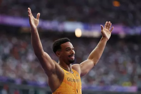 PARIS, FRANCE - AUGUST 02: Leo Neugebauer of Team Germany  celebrates during the Men's Decathlon 400m on day seven of the Olympic Games Paris 2024 at Stade de France on August 02, 2024 in Paris, France. (Photo by Hannah Peters/Getty Images)