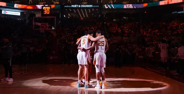 mbb starters pre-game huddle vs A&M