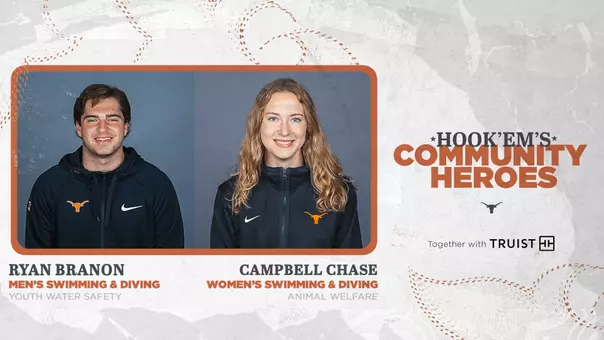 December's Hook ‘Em’s Community Heroes: from Women's Swimming & Diving, Campbell Chase, and from Men's Swimming & Diving, Ryan Branon