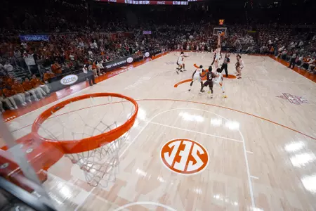 tipoff vs Texas A&M from behind basket