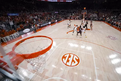 tipoff vs Texas A&M from behind basket