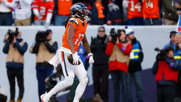 DENVER, COLORADO - JANUARY 17: Lil'jordan Humphrey #17 of the Denver Broncos celebrates after scoring a 29 yard touchdown against the Buffalo Bills during the second quarter in the AFC Divisional Playoff game at Empower Field At Mile High on January 17, 2026 in Denver, Colorado. (Photo by Justin Edmonds/Getty Images)