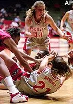 Lady Raiders Plenette Pierson and Aleah Johnson both try for a steal in Tech's 66-59 win over New Mexico Wednesday.