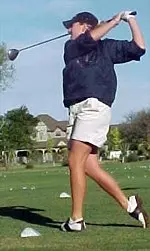 Stephanie Dukes tees off on the first hole of the 2000 Big 12
Conference Championships. Dukes is tied in 15th place after the first
round.