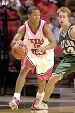 Texas Tech's Marcus Shropshire (10) dribbles around Baylor's Matt Sayman (13) at the United Spirit Arena in Lubbock, Texas Tuesday.