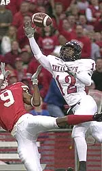 Texas Tech's Joselio Hanson breaks up a pass intended for Nebraska's Wilson Thomas, in the first quarter of what turned out to be a back and fourth battle between the two teams.