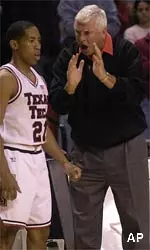 Bob Knight shouts directions to Will Chavis on the sidelines during Tech's 75-55 win over William and Mary Friday.