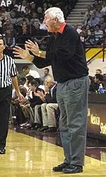 Bobby Knight shouts instructions to his players in their OT win against New Mexico State Wednesday night.