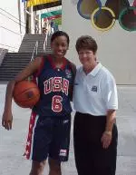Jia Perkins and head coach Marsha Sharp claimed the gold medal in the 2002 World Championship For Young Women Qualifying Tournament. (photo courtesy of USA Basketball)