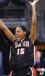 Jia Perkins celebrates as the final buzzer sounds in their game against Washington. Perkins led Texas Tech with 16 points in the 74-70 victory.