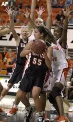 Alesha Robertson looks for help while surrounded by Oklahoma State defenders during the second half.