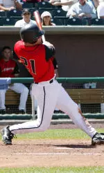 Joe Dillon is pictured hitting a home run last season for the Albuquerque Isotopes.