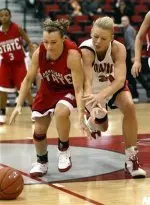 Arkansas State's Katie Caraway and Cisti Greenwalt scramble for a loose ball during the first half.