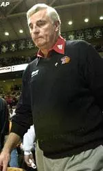 Texas Tech coach Bob Knight takes the floor before the start of the game against Baylor in Lubbock, Texas.