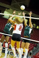 Kiley Lyons goes up for one of her 12 kills in Tech's win against the Sooners. Tech now is 5-4 in Big 12 openers.