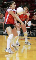 Senior Daneen Grisham digs a ball in Tech's loss against the Huskers 3-0.