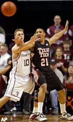 Texas Tech's Dior Lowhorn, right, works for position against Texas A&M's Chris Walker. (AP Photo/Paul Zoeller,The Eagle)
