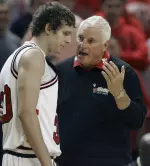Texas Tech head basketball coach Bob Knight, right, talks to Michael Prince (30) during the first half. (AP Photo)