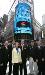 Texas Tech Head Coach Mike Leach, Tech Director of Athletics Gerald Myers and officials from Minnesota and Insight rang the bell at the NASDAQ opening Monday morning in New York City.