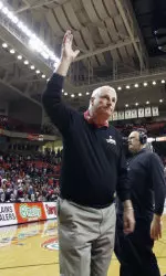 Bob Knight gives a wave to the crowd after beating Buchnell 72-60.