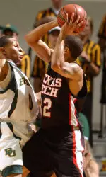 Baylor's Curtis Jerrells, left, pressures Texas Tech Jarrius Jackon duringthe first half of a college basketball game Wednesday, March 1, 2006 at the Ferrell Center in Waco, Texas. (AP Photo/Waco Tribune Herald, Rod Aydelotte)
