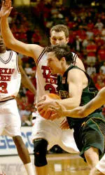 Jon Plefka plays defense against Baylor's Aaron Bruce in the first half. (AP Photo/Lubbock Avalanche-Journal, Joe Don Buckner)