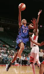 Plenette Pierson and the defending WNBA Champions the Detroit Shock will face Sheryl Swoopes and the Houston Comets in Lubbock on May 4. Photo Courtesy of the Detroit Shock