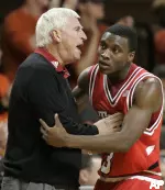 Head Coach Bob Knight talks with guard Martin Zeno in the first half. (AP Photo/Sue Ogrocki)