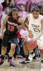 Texas A&M's Sydney Colson, right, and Texas Tech's LaVonda Henderson scramble for the loose ball during the first half (AP Photo)
